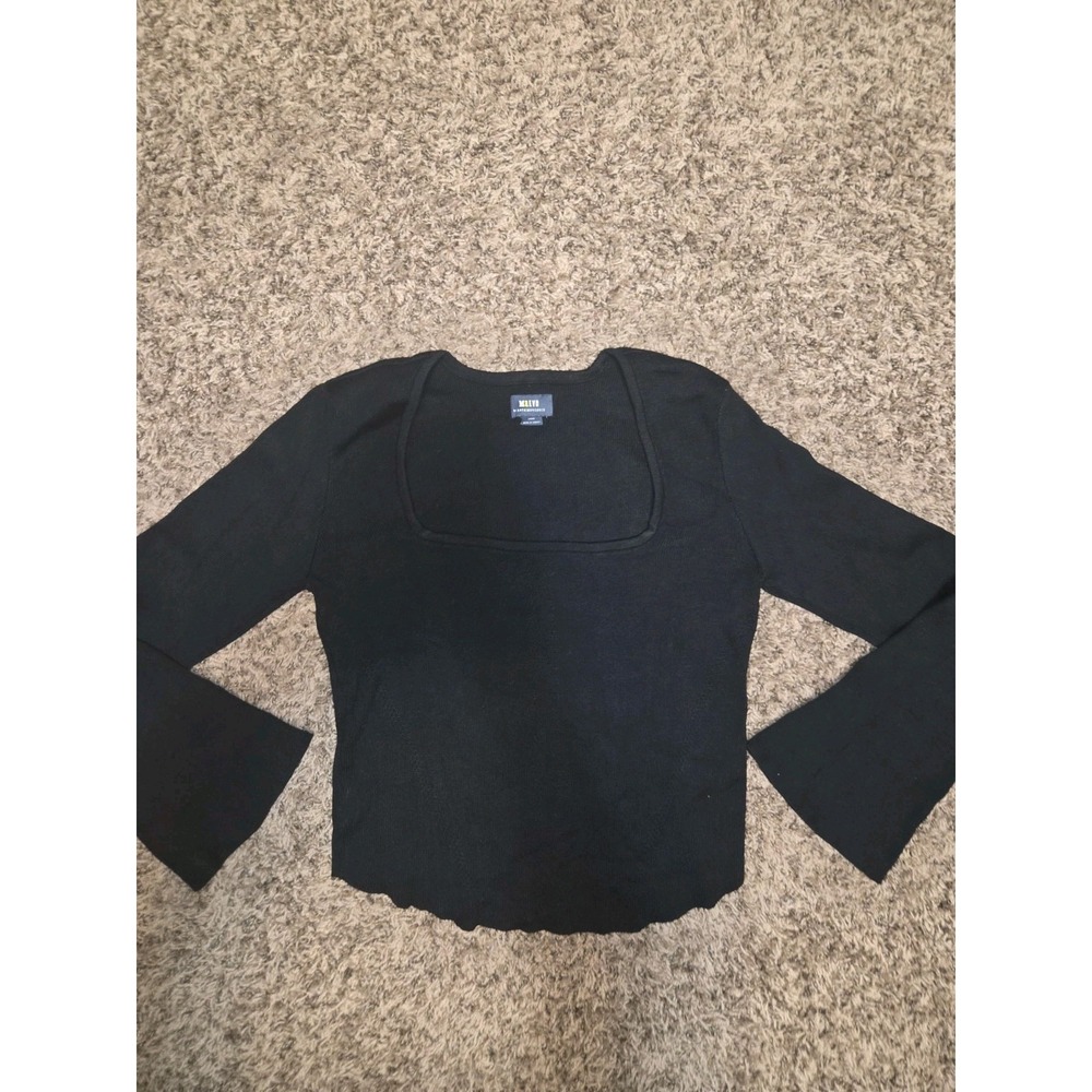 Anthropologie Maeve Square Neck Bell Sleeve Sweater Black Ribbed Knit Top L New